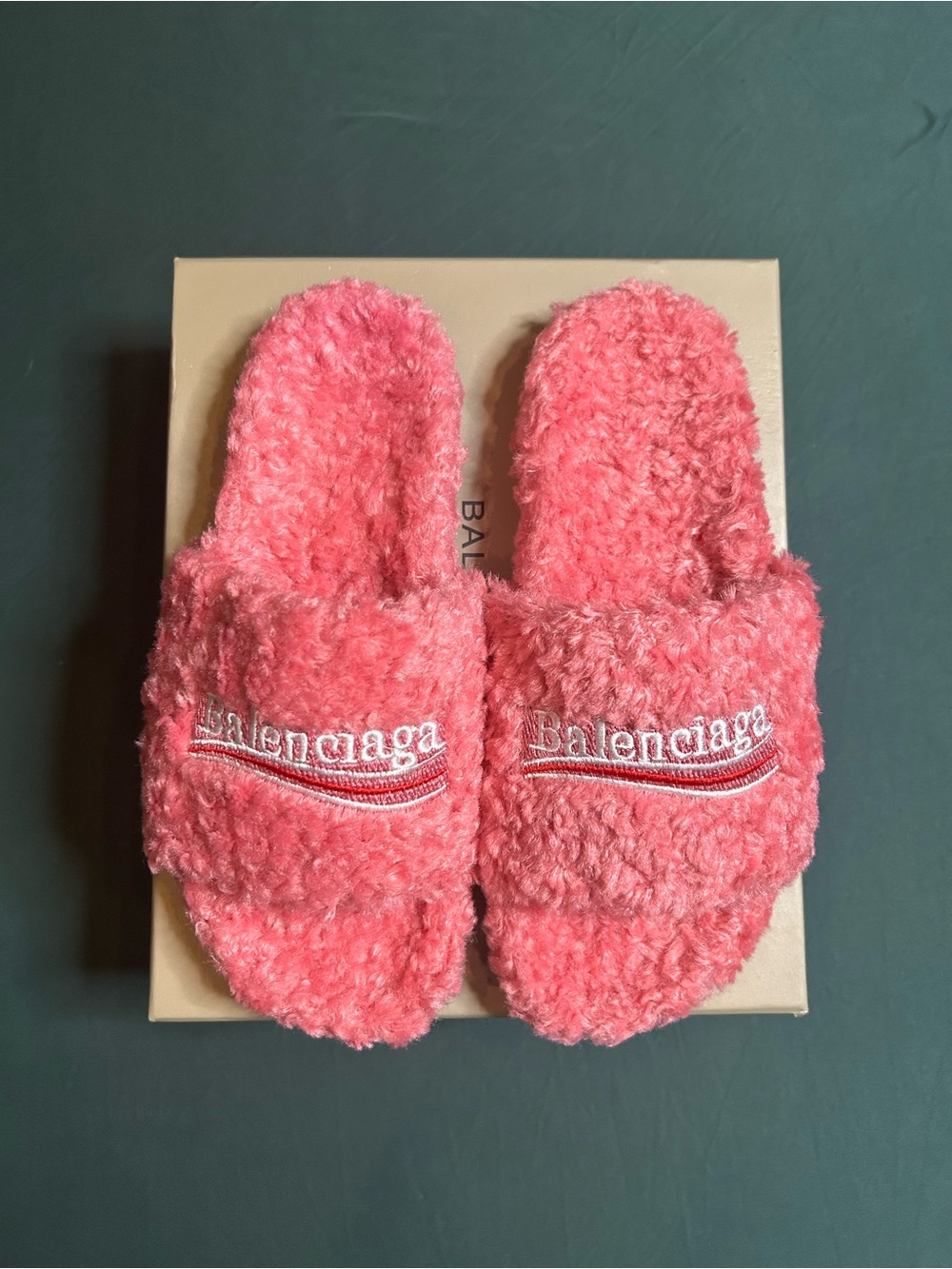 Balenciaga Pink Fuzzy Slide Slippers